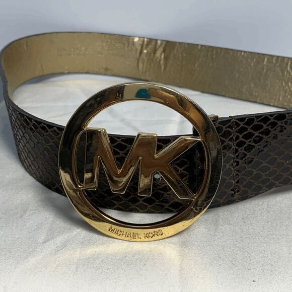 Michael Michael Kors Brown Gold Reptile Print Leather Belt - Picture 1 of 7